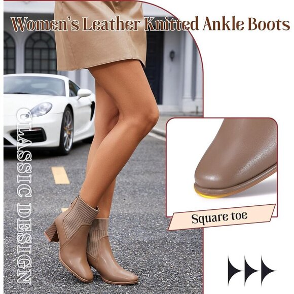 Women's Square Toe Ankle Khaki Boots Low Block Heel Chelsea Mid Calf Booties - Picture 2 of 7